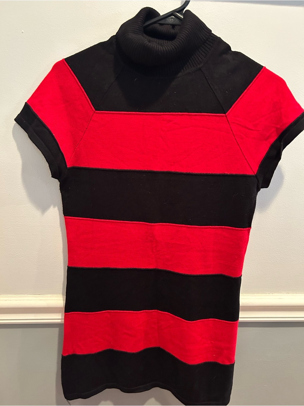 Dots Red & Black Striped Turtleneck Short Sleeve Sweater